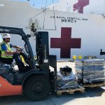 Forklift moving medical supplies to fight coronavirus