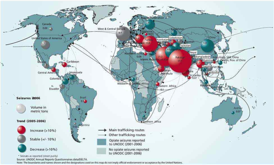 This map of world traffic in heroin and morphine shows the growth of drug trafficking in Africa and the trafficking routes into and out of the African continent.